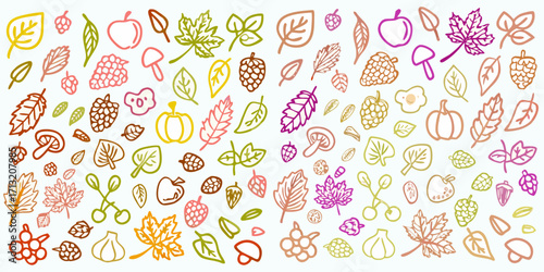 Whimsical hand drawn autumn harvest elements and fall leaves pattern on white background