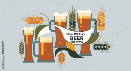Flat design vector illustration for the Great American Beer Festival. Various beer glasses and mugs with frothy beer are surrounded by wheat and hops