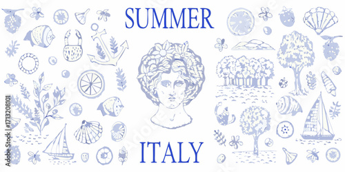 Whimsical summer in italy collection featuring ancient bust flora and nautical elements