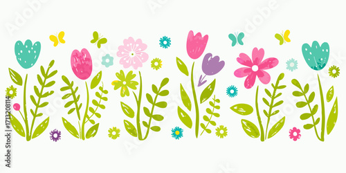 Whimsical hand drawn spring flowers and butterflies border design on white background