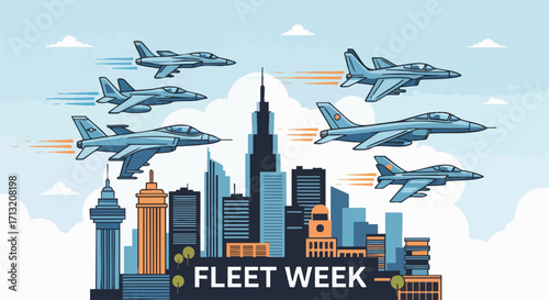 Fleet Week illustration featuring fighter jets flying over a cityscape. This vector graphic evokes military events, aviation, and city life