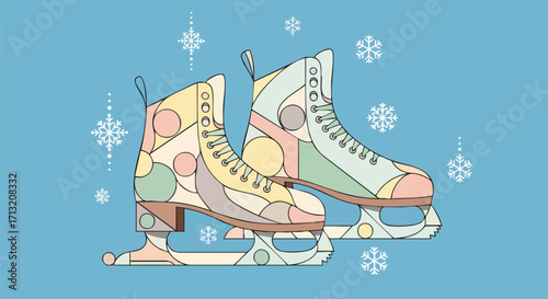 Geometric illustration of ice skates with snowflakes on a teal background. This vector graphic depicts winter fun and activities