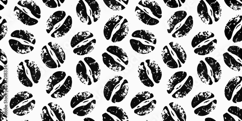Seamless pattern of black coffee beans with a grunge texture on a white background