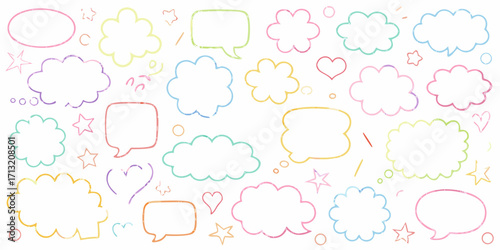 Collection of colorful hand drawn speech bubbles and thought clouds with stars and hearts