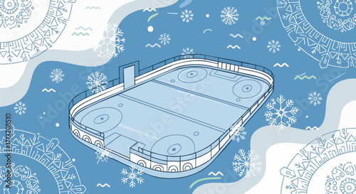 Ice hockey rink illustration with a winter theme. Ice skating and winter sports concept. Background with snowflakes and abstract decorations