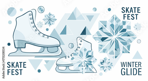 Ice skates graphic design. Winter sports theme. Geometric snowflake and triangle patterns