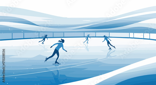 Ice skating illustration. Silhouettes of people ice skating on an indoor rink. Winter sports and recreation concept