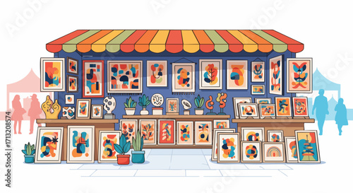Illustrated art market stall featuring abstract paintings, sculptures, and potted plants. It shows a vibrant outdoor setting with people browsing