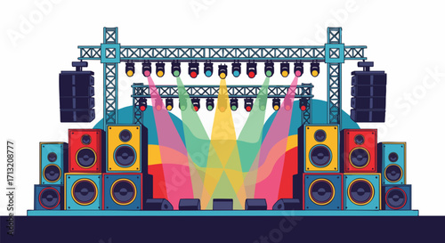 Illustration of a colorful concert stage, complete with speakers, lights, and rigging. Perfect for representing live music, festivals, or events