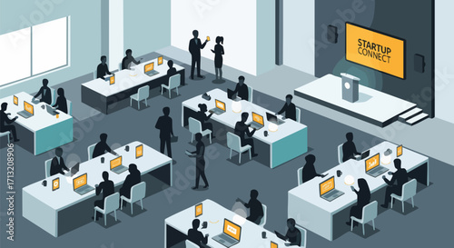 Illustration of a startup connect conference or event. People are attending the event, working on laptops