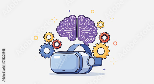 Illustration of a virtual reality headset with a circuit board brain and gears, representing AI, technology, and innovation