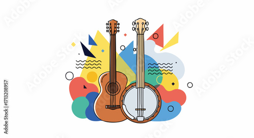 Illustration of an acoustic guitar and a banjo set against a vibrant, abstract background