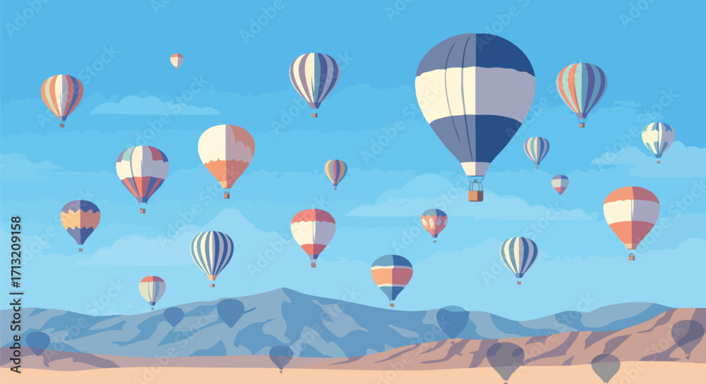 Fototapeta premium Illustration of colorful hot air balloons flying over a desert landscape with mountains, creating a scene of travel, adventure, and freedom