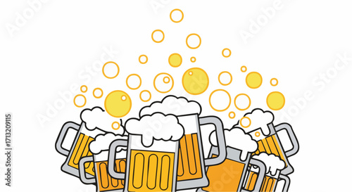 Illustration of beer mugs with overflowing foam and bubbles. Celebratory, festive design for bar promotions, Oktoberfest, or brewery-themed materials