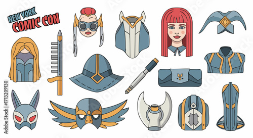 Illustration of cartoon cosplay costume accessories for a convention. Comic-Con concept with props, weapons, armor, masks, and characters