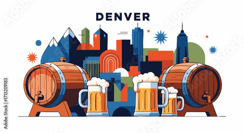 Illustration of Denver, Colorado, showcasing the city skyline, mountains, beer barrels and beer glasses