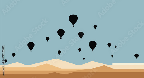 Illustration of hot air balloons soaring over desert dunes, stylized and simplified