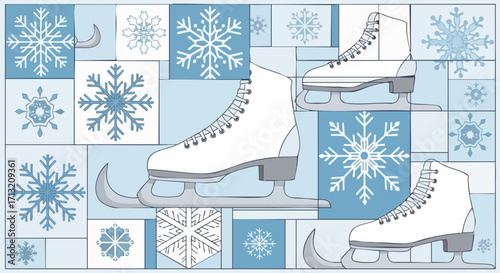 Illustration of ice skates and snowflakes in a wintery scene. A tiled backdrop in light blue with white accents