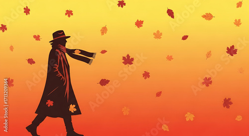 Silhouette of a Person Walking in Autumn with Falling Leaves and a Warm Background