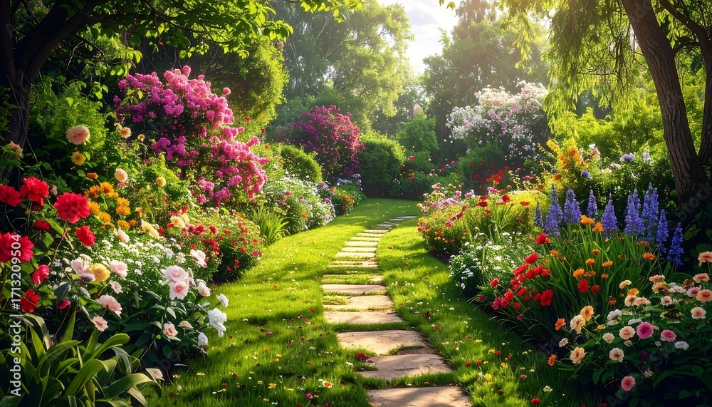 Naklejka premium A sun-drenched garden path winds through vibrant flowerbeds bursting with colorful blooms, creating a serene and joyful atmosphere.