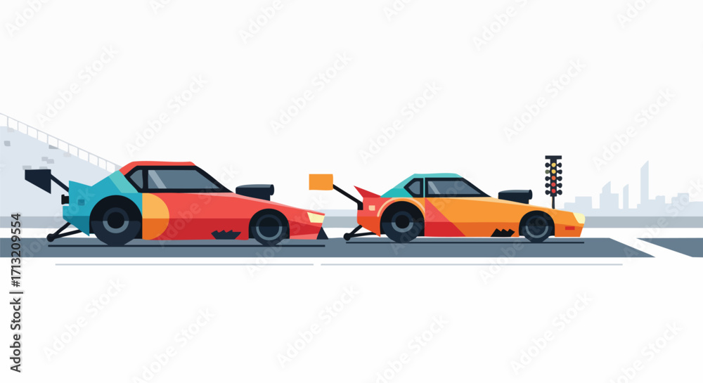 Naklejka premium Illustration of two cartoon drag racing cars lined up at the starting line, ready to race