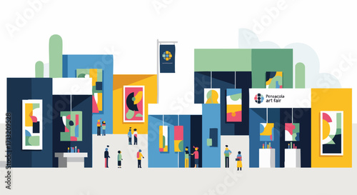 Illustration of the Pensacola Art Fair. A colorful vector illustration shows a lively art fair with people and abstract art