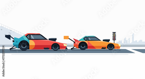 Illustration of two cartoon drag racing cars lined up at the starting line, ready to race