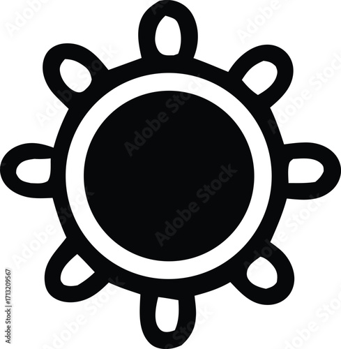 Symbolic representation of a celestial body or tribal emblem distinctive shape with central circle and outer elements