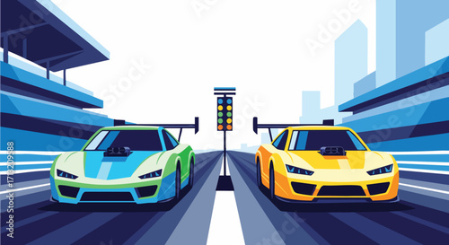 Illustration of two race cars at the drag strip, ready to accelerate at the starting line