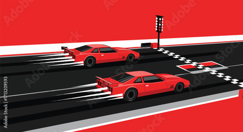 Illustration of two red race cars racing on a track. The vector graphic shows a dramatic scene, with speed trails