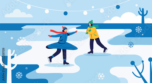 Illustrative scene of friends ice skating outdoors in a winter wonderland