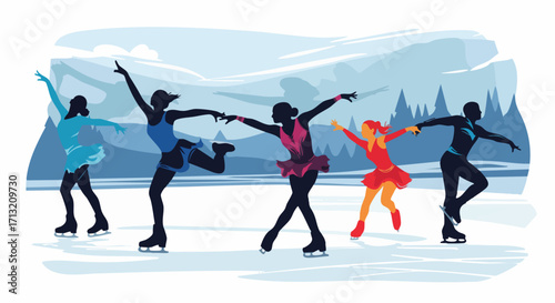 Illustrative vector art of a group of figure skaters performing on a frozen winter landscape