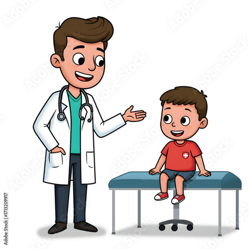 Smiling doctor and young boy during a friendly checkup.