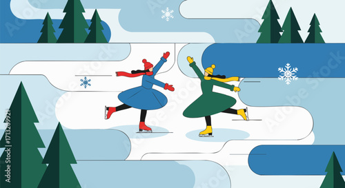 Joyful vector illustration of two women ice skating in a winter wonderland. Playful scene depicting winter sports and leisure