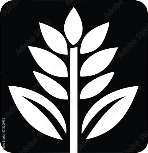 Simple white wheat stalk icon on square black background for agricultural and food branding and design applications