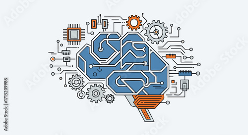 Line art illustration of a brain as an electronic circuit. It symbolizes AI, machine learning, and advanced technology. Perfect for innovation