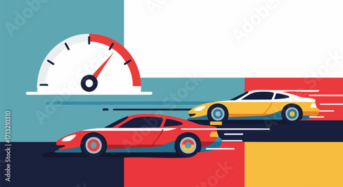 Modern flat design vector illustration depicting two fast sports cars racing