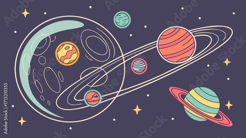Explore colorful planets and stars in outer space cartoon illustration for kids and space enthusiasts