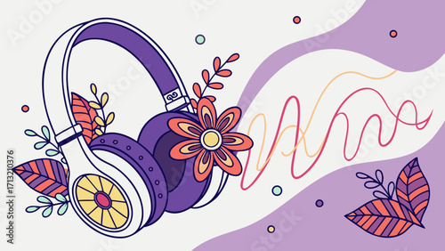 Listen to music headphones with floral design dj audio sound waves beat entertainment device headset technology