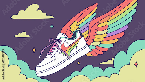 Rainbow winged sneaker shoe fashion style trendy colorful footwear design cloud background art drawing