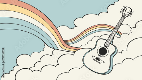 Acoustic guitar rainbow in the sky illustration music instrument song cloud art design vector graphic image