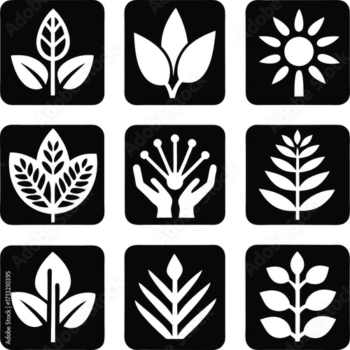 Set of nine organic plant growth and nature icons featuring leaves flowers and sun symbols for environmental and agricultural themes