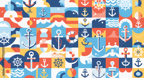 Nautical themed geometric pattern. Anchors, ships wheels, and waves in a vibrant, colorful, flat design style