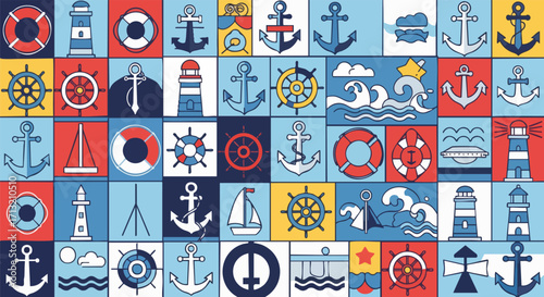 Nautical icons pattern. A vibrant, colorful collage of anchors, lighthouses, ships wheels, and life preservers