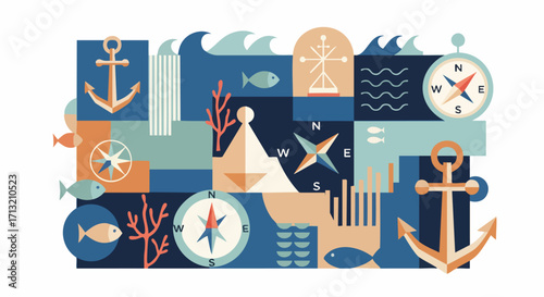 Nautical themed graphic illustration. This vector artwork depicts marine elements such as anchors, compasses, fish, waves, and other maritime symbols