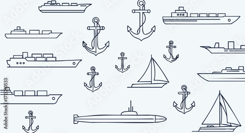 Nautical vessels in outline style repeat pattern