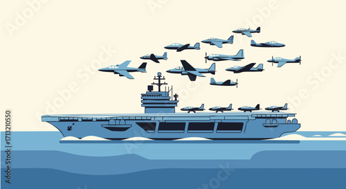 Naval aviation illustration: Aircraft carrier with planes launching