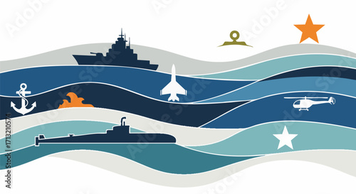 Naval forces illustration featuring battleship, submarine, jet fighter and helicopter over wavy ocean in vector style