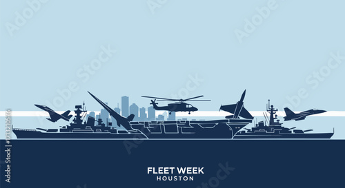 Navy Fleet Week in Houston. Silhouette of battleships, an aircraft carrier, and jet fighters flying in front of the city skyline