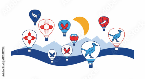New Mexico hot air balloon vector. Features iconic Zia symbols, roadrunners, and chili peppers